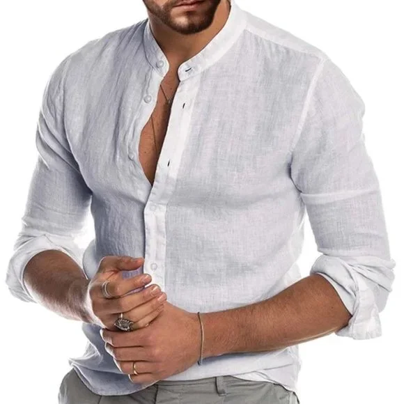 Casual White Men's Button Up Shirt - Picture 3 of 6